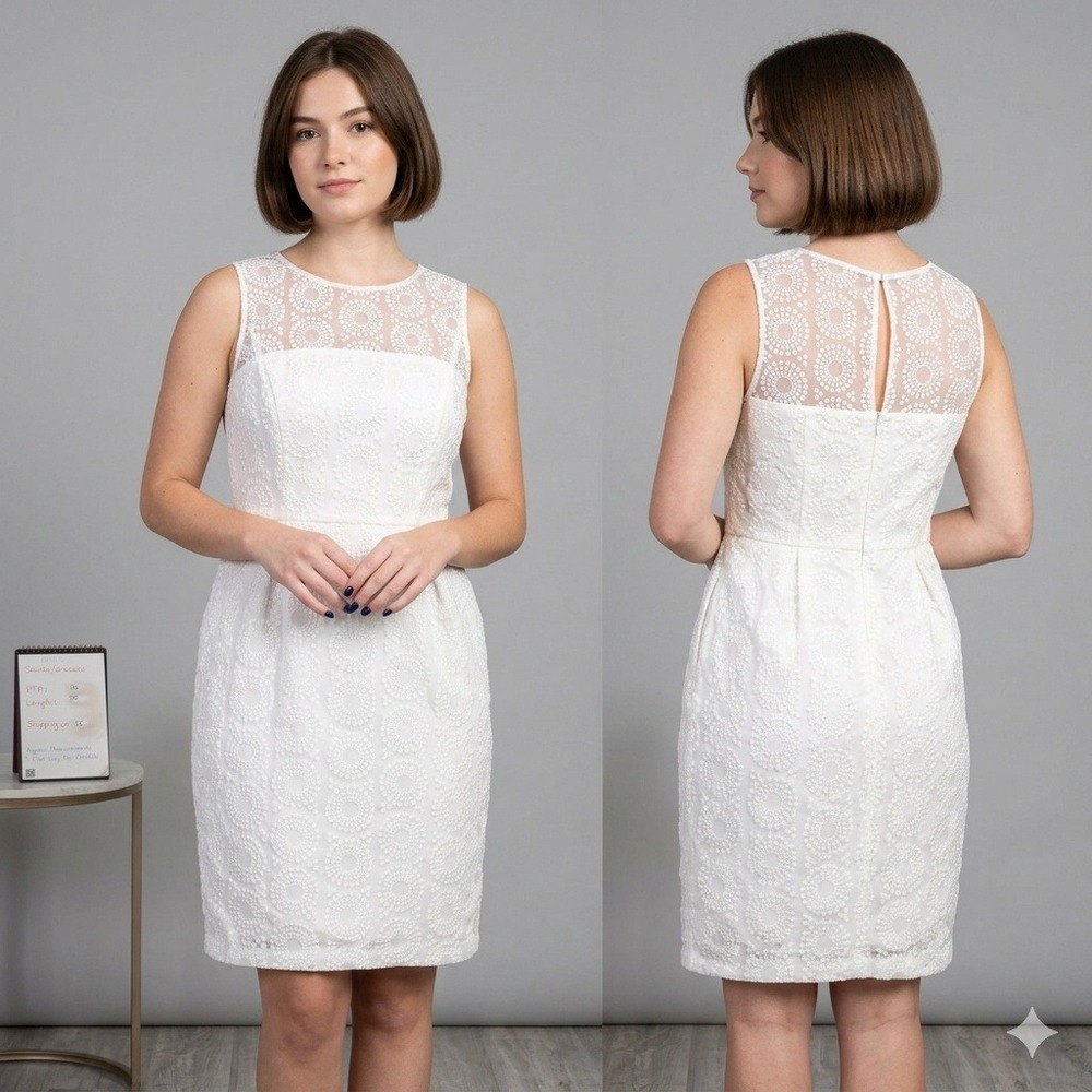 Maggy London White Lace Illusion Neckline Sheath Dress Size 10 Ivory Bridal